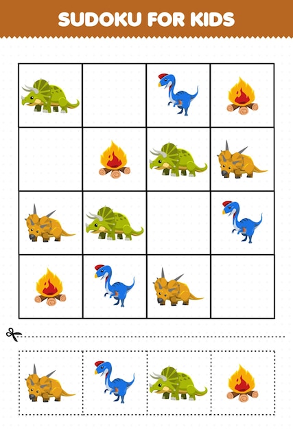 Gra edukacyjna dla dzieci sudoku dla dzieci z cute cartoon prehistorycznego dinozaura triceratops oviraptor xenoceratops obraz ognia
