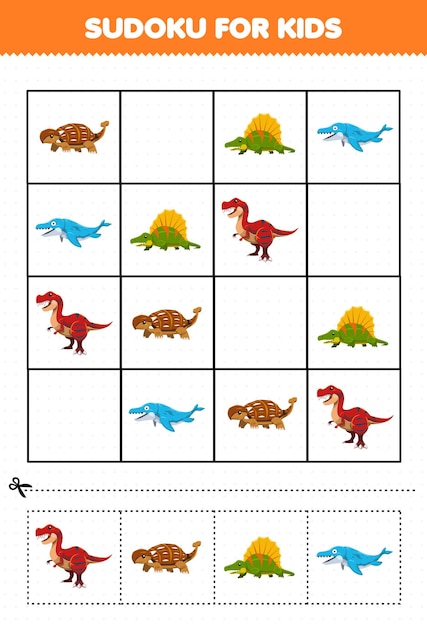 Gra Edukacyjna Dla Dzieci Sudoku Dla Dzieci Z Cute Cartoon Prehistorycznych Dinozaurów Ankylozaur Dimetrodon Mosasaurus Obraz Tyranozaura