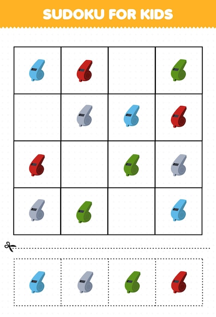 Plik wektorowy gra edukacyjna dla dzieci sudoku dla dzieci z kreskówkowym instrumentem muzycznym gwizdek obrazek do druku
