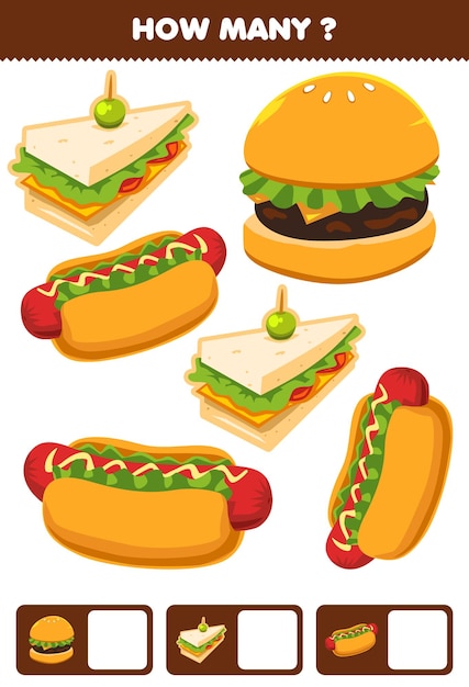 Plik wektorowy gra edukacyjna dla dzieci szukająca i licząca aktywność dla przedszkolaka ile kreskówka jedzenie przekąska kanapka hotdog burger