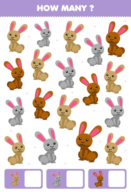 Plik wektorowy gra edukacyjna dla dzieci szukających i liczących, ile obiektów z cute królika z kreskówek do wydrukowania w arkuszu farmy