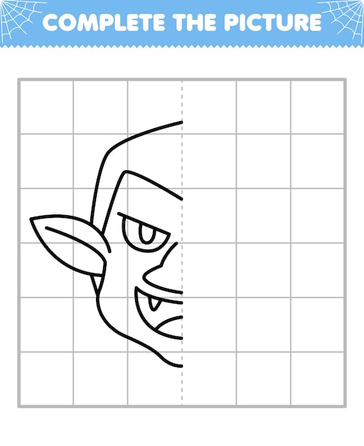 Gra Edukacyjna Dla Dzieci Uzupełnia Obraz Kreskówka Halloween Dracula Głowa Pół Zarysu Do Rysowania Arkusza Do Druku