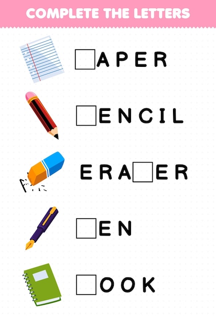 Plik wektorowy gra edukacyjna dla dzieci uzupełnij litery z arkusza narzędzia do druku z gumką do papieru z kreskówek
