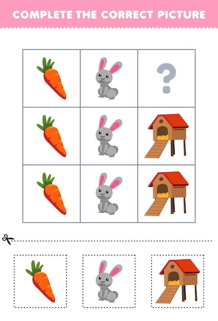 Plik wektorowy gra edukacyjna dla dzieci w celu wybrania i uzupełnienia arkusza farmy do wydrukowania z uroczym animowanym króliczkiem marchewkowym lub hutchem