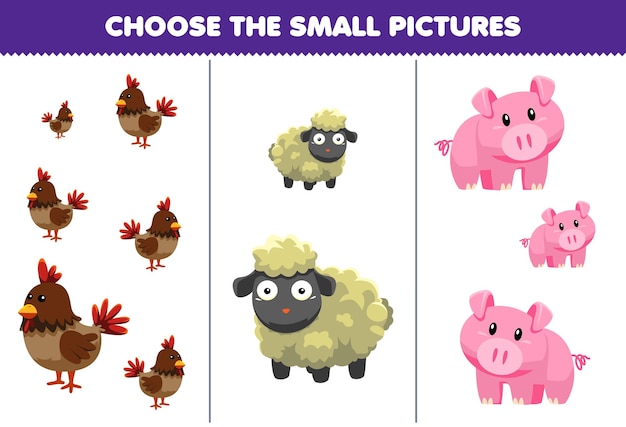 Gra Edukacyjna Dla Dzieci Wybierz Mały Obrazek Arkusza Zwierząt Do Wydrukowania Z Kurczaka, Owcy, świni