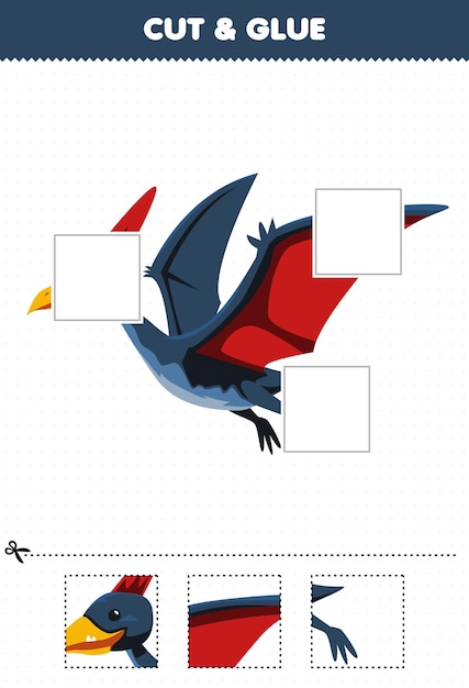 Plik wektorowy gra edukacyjna dla dzieci wyciąć i skleić części słodkiego pteranodona prehistorycznego dinozaura z kreskówek i przykleić je do wydrukowania