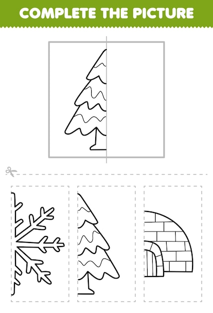 Gra Edukacyjna Dla Dzieci Wytnij I Uzupełnij Obraz Pół Zarysu Choinki Z Kreskówek Do Kolorowania Zimowego Arkusza Roboczego Do Druku