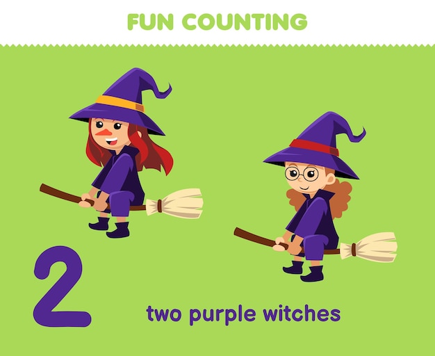 Gra Edukacyjna Dla Dzieci Zabawa Liczenie Dwóch Fioletowych Czarownic Halloween Arkusz Roboczy