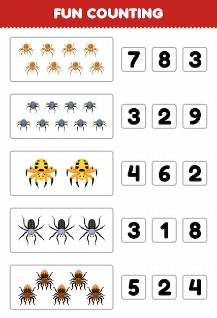 Gra Edukacyjna Dla Dzieci Zabawa Liczenie I Wybieranie Odpowiedniej Liczby Arkuszy Z Robakami Do Wydrukowania Kreskówka Pająk