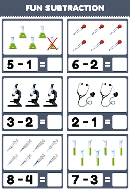 Gra Edukacyjna Dla Dzieci Zabawa Odejmowanie Przez Liczenie I Eliminowanie Kreskówka Zlewka Zakraplacz Mikroskop Stetoskop Strzykawka Probówka Narzędzie Do Druku Arkusz Roboczy