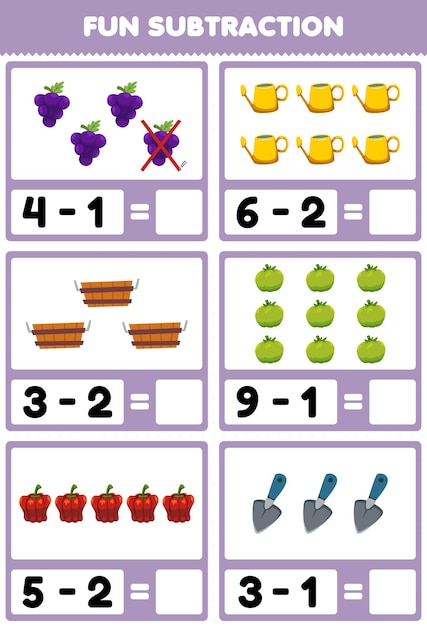 Gra Edukacyjna Dla Dzieci Zabawa Odejmowanie Przez Liczenie I Eliminowanie Owoców I Warzyw Z Kreskówek Winogrona Pomidor Papryka Arkusz