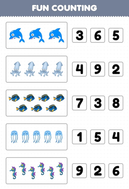 Gra Edukacyjna Dla Dzieci Zabawa W Liczenie I Wybieranie Odpowiedniej Liczby Uroczych Kreskówek Delfin Kałamarnica Ryba Meduza Konik Morski Do Wydrukowania Podwodny Arkusz Roboczy