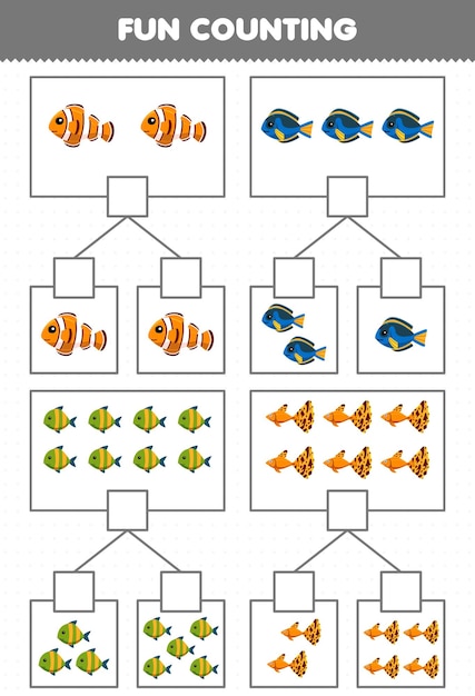 Gra Edukacyjna Dla Dzieci Zabawne Liczenie Obrazków W Każdym Pudełku Z Podwodnymi Arkuszami Do Wydrukowania Rybek Z Kreskówek