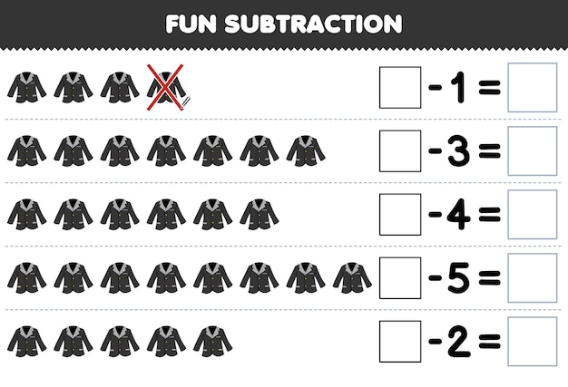 Gra Edukacyjna Dla Dzieci, Zabawne Odejmowanie, Licząc Kreskówkowy Czarny Garnitur Marynarski W Każdym Rzędzie I Eliminując Go Do Wydrukowania Arkusza Ubrań Do Noszenia