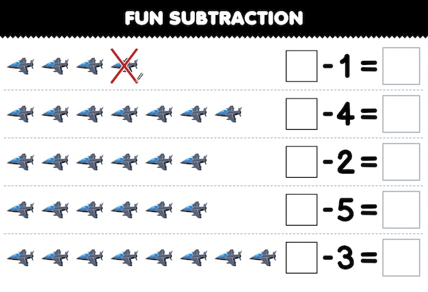 Gra Edukacyjna Dla Dzieci, Zabawne Odejmowanie, Licząc Kreskówkowy Czarny Myśliwiec Odrzutowy W Każdym Rzędzie I Eliminując Go Do Druku Arkusza Transportowego