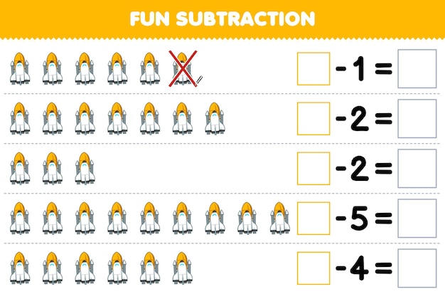 Gra Edukacyjna Dla Dzieci, Zabawne Odejmowanie, Licząc Statek Kosmiczny Z Kreskówek W Każdym Rzędzie I Eliminując Go Do Wydrukowania Arkusza Układu Słonecznego