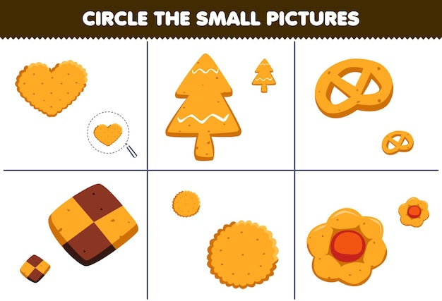 Gra Edukacyjna Dla Dzieci Zakreśla Mały Obraz Uroczych Ciasteczek Z Kreskówek Do Wydrukowania Arkusza żywności