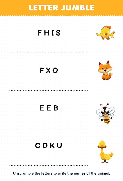 Gra Edukacyjna Dla Dzieci Zbieranina Listów Napisz Poprawną Nazwę Arkusza Zwierząt Do Wydrukowania Z Kreskówkowej Ryby Lis Pszczoła Kaczka