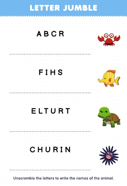 Gra Edukacyjna Dla Dzieci Zbieranina Listów Napisz Poprawną Nazwę Dla Arkusza Zwierząt Do Wydrukowania Z Kraba, Ryby, żółwia, Jeżowca