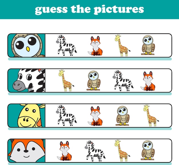 Plik wektorowy gra edukacyjna dla dzieci zgadnij prawidłowe obrazy uroczych animowanych dzikich zwierząt wektor
