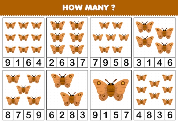 Gra Edukacyjna Dla Dzieci Zliczająca Ile Uroczych ćmy Z Kreskówek W Każdym Arkuszu Błędów Do Wydrukowania W Tabeli