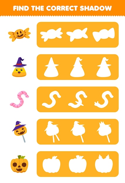 Gra Edukacyjna Dla Dzieci Znajdź Odpowiednią Sylwetkę Cienia Kreskówka Kukurydziany Cukierek Dyniowy Robak Halloween Arkusz Do Druku