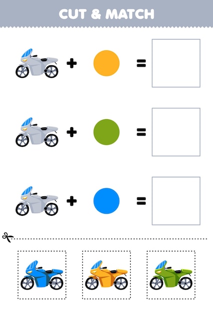 Gra Edukacyjna Wyciąć I Dopasować Kolor Kombinacji Uroczy Motocykl Drukowalny Arkusz Transportowy