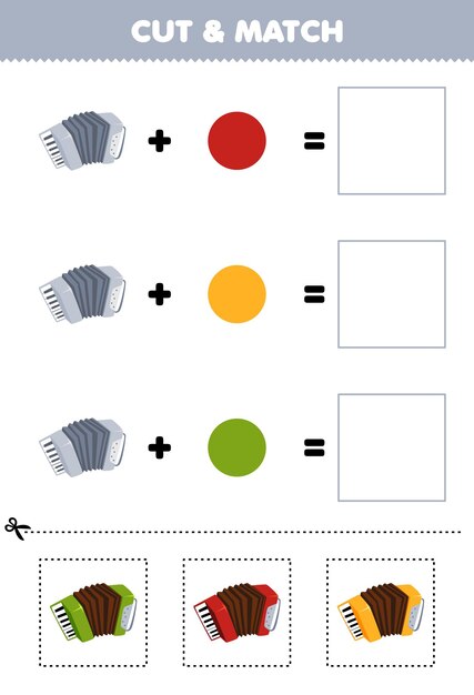 Plik wektorowy gra edukacyjna wyciąć i dopasować kombinację koloru uroczego akordeonu drukowalny arkusz muzyczny