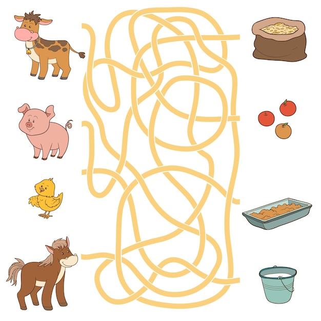 Gra Labirynt Dla Dzieci Kreskówka Zwierzęta Gospodarskie I Jedzenie