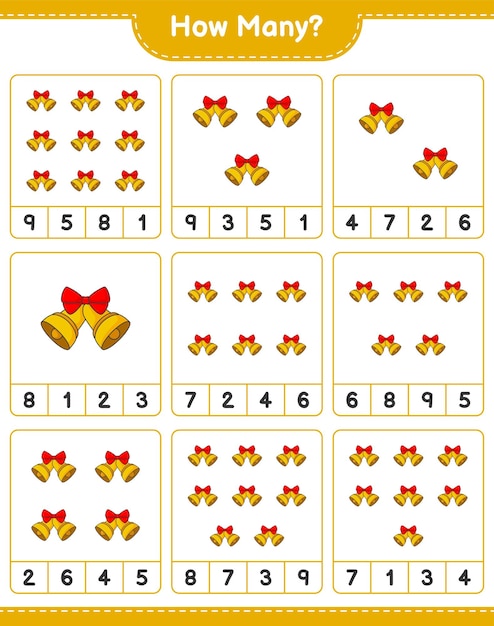 Gra Licząca, Ile Christmas Bell. Gra Edukacyjna Dla Dzieci, Arkusz Do Druku, Ilustracja Wektorowa