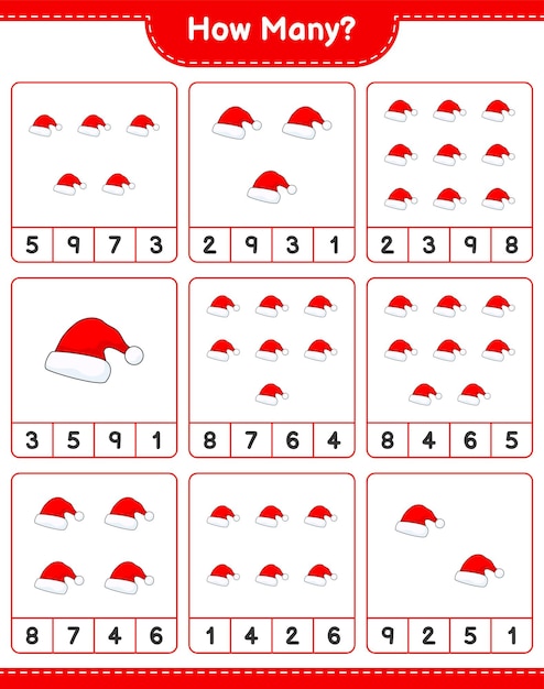 Gra Licząca, Ile Santa Hat. Gra Edukacyjna Dla Dzieci, Arkusz Do Druku, Ilustracja Wektorowa