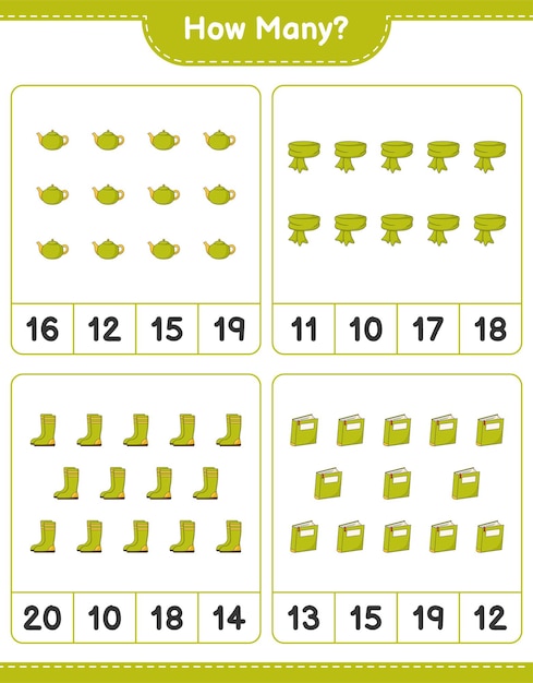 Gra Licząca, Ile Szalik, Książka, Kalosze I Czajnik. Gra Edukacyjna Dla Dzieci, Arkusz Do Druku, Ilustracja Wektorowa