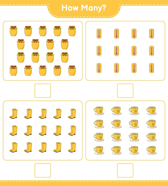 Gra Licząca, Ile Termometru, Kaloszy, Filiżanki Herbaty I Dżemu. Gra Edukacyjna Dla Dzieci, Arkusz Do Druku, Ilustracja Wektorowa