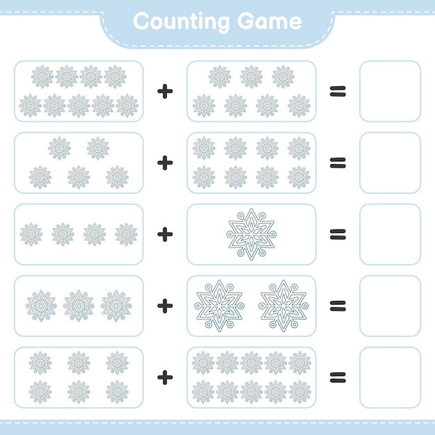 Gra Licząca, Policz Liczbę Płatków śniegu I Napisz Wynik. Gra Edukacyjna Dla Dzieci, Arkusz Do Druku, Ilustracja Wektorowa