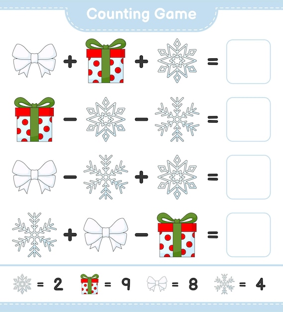 Gra Licząca, Policz Liczbę Wstążki, Płatka śniegu, Pudełka Na Prezenty I Napisz Wynik. Gra Edukacyjna Dla Dzieci, Arkusz Do Druku, Ilustracja Wektorowa