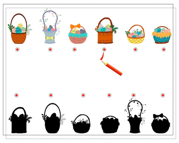 Gra Logiczna Dla Dzieci Znajdź Odpowiedni Cień Kosze Na Jajka Wielkanocne Wektor Na Białym Tle