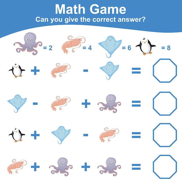 Plik wektorowy gra matematyczna dla dzieci policz i napisz odpowiedź edukacyjny arkusz matematyczny do wydrukowania