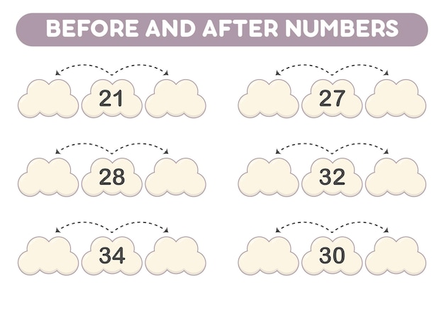 Plik wektorowy gra matematyczna dla dzieci przed i po liczbach arkusze do drukowania