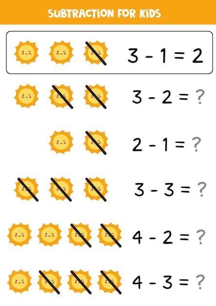 Gra Odejmowanie Dla Dzieci Z Uroczym Słońcem. Gra Matematyczna Dla Dzieci.