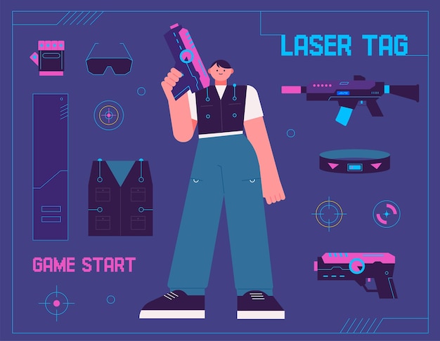 Gra przetrwania laserowego w pomieszczeniach Zestaw Freyrów trzymających pistolet laserowy i sprzęt bojowy