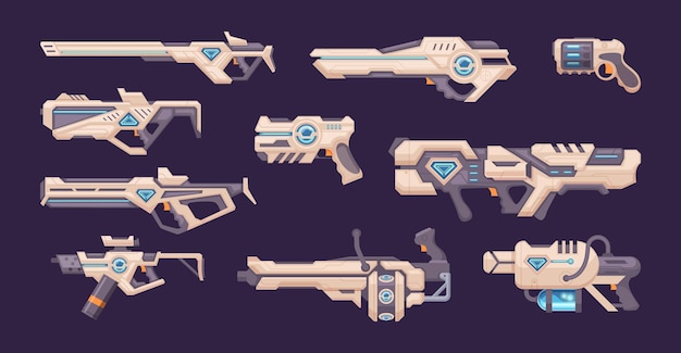 Plik wektorowy gra space pistol futurystyczna broń dla dzieci dokładne wektorowe kolorowe blastery i pistolety