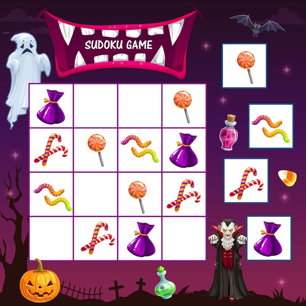 Plik wektorowy gra sudoku dla dzieci z świątecznymi smakołykami na halloween