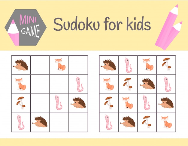 Gra Sudoku Dla Dzieci Ze Zdjęciami I Zwierzętami. Arkusze Dziecięce. Nauka Logiki, Gra Edukacyjna