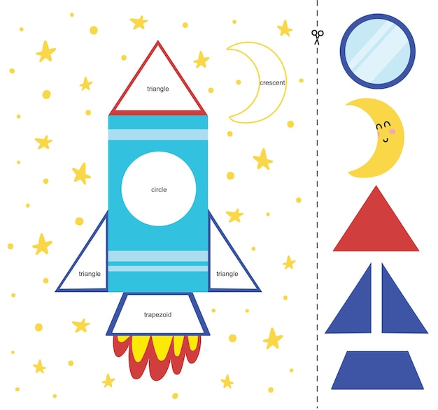 Gra W Dopasowywanie Dla Dzieci Z Rakietą I Księżycem Nauka Geometrycznych Kształtów Strona Aktywności