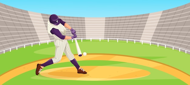 Gracz baseballa uderzający piłkę na stadionie ilustracja wektorowa na jasnym tle Koncepcja akcji sportowej Ilustracji wektorowej