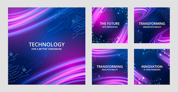 Gradient futurystyczna technologia zbiór postów na Instagramie