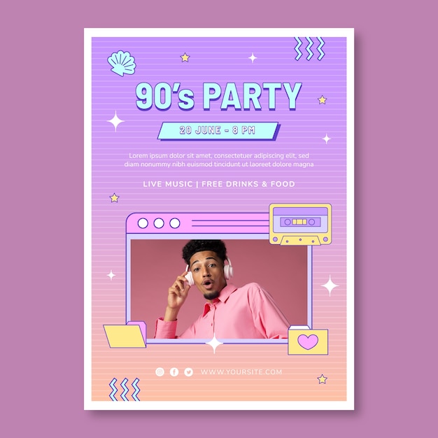 Plik wektorowy gradientowa tekstura 90s party pionowy szablon plakatu