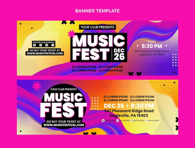 Gradientowe kolorowe banery festiwalu muzycznego poziome