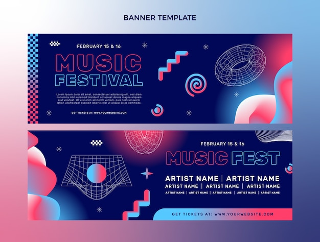 Gradientowe kolorowe banery festiwalu muzycznego w pionie