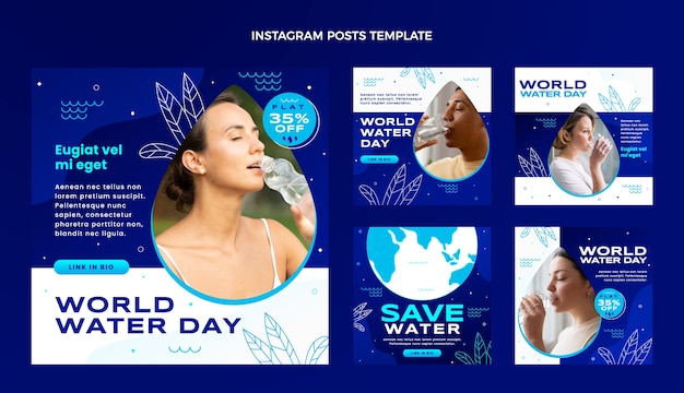 Gradientowy światowy dzień wody na Instagramie kolekcja postów
